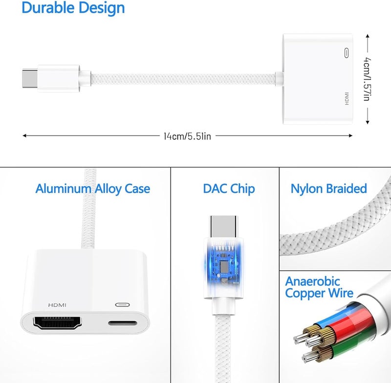 كاست ويف محول USB C إلى HDMI، 2 في 1 من نوع C إلى HDMI لـ i-Phone 16/15، بدقة 4K@60Hz، شحن سريع بقدرة 100 واط، مزامنة الفيديو والصوت مع التلفزيون/HDTV/الشاشة/جهاز العرض، محور USB C متوافق مع Sam-sung و MacBook Pro (أبيض) - Image 5