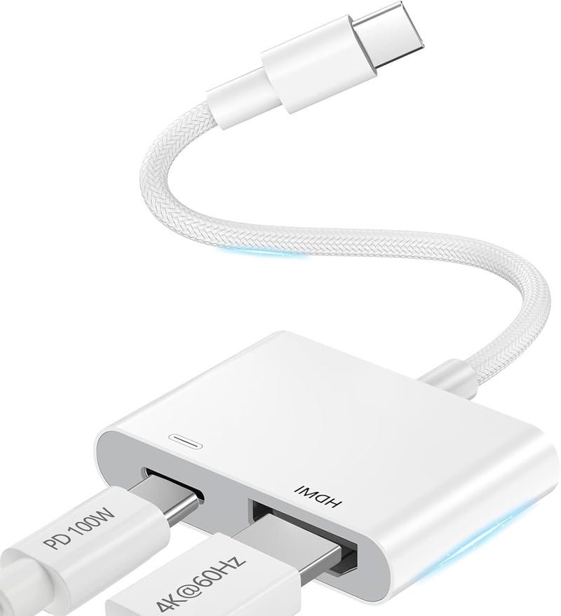 كاست ويف محول USB C إلى HDMI، 2 في 1 من نوع C إلى HDMI لـ i-Phone 16/15، بدقة 4K@60Hz، شحن سريع بقدرة 100 واط، مزامنة الفيديو والصوت مع التلفزيون/HDTV/الشاشة/جهاز العرض، محور USB C متوافق مع Sam-sung و MacBook Pro (أبيض) - Image 1