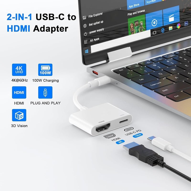 كاست ويف محول USB C إلى HDMI، 2 في 1 من نوع C إلى HDMI لـ i-Phone 16/15، بدقة 4K@60Hz، شحن سريع بقدرة 100 واط، مزامنة الفيديو والصوت مع التلفزيون/HDTV/الشاشة/جهاز العرض، محور USB C متوافق مع Sam-sung و MacBook Pro (أبيض) - Image 2