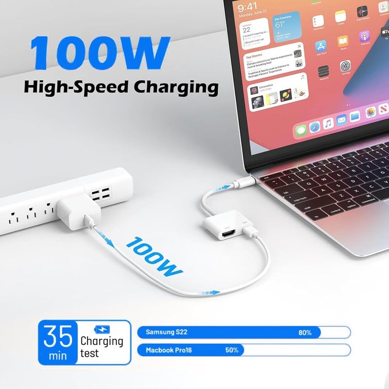 كاست ويف محول USB C إلى HDMI، 2 في 1 من نوع C إلى HDMI لـ i-Phone 16/15، بدقة 4K@60Hz، شحن سريع بقدرة 100 واط، مزامنة الفيديو والصوت مع التلفزيون/HDTV/الشاشة/جهاز العرض، محور USB C متوافق مع Sam-sung و MacBook Pro (أبيض) - Image 3