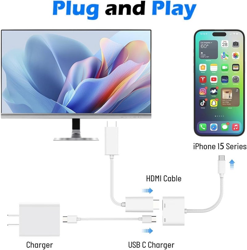 كاست ويف محول USB C إلى HDMI، 2 في 1 من نوع C إلى HDMI لـ i-Phone 16/15، بدقة 4K@60Hz، شحن سريع بقدرة 100 واط، مزامنة الفيديو والصوت مع التلفزيون/HDTV/الشاشة/جهاز العرض، محور USB C متوافق مع Sam-sung و MacBook Pro (أبيض) - Image 4