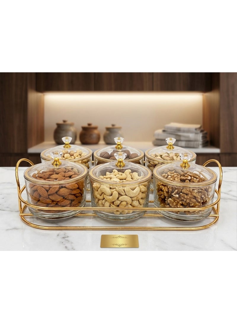 Luxury 6-Jar Glass Serving Bowl Set with Gold Tray &  Lids for Nuts, Candy, and Snacks - Shape 2