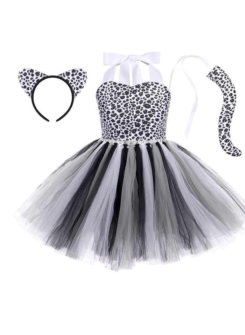 Zikra طقم زي الفهد 3 قطع للبنات بموضوع الغابة تنورة توتو رباط رأس ذيل ملابس تنكرية لحفلة عيد الميلاد - Image 3