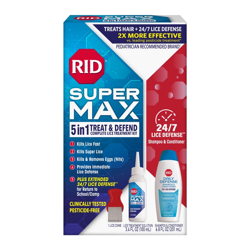RID طقم علاج القمل RID Super Max، يقتل القمل والقمل الشديد والبيض + دفاع ضد القمل على مدار 24/7، خالي من المبيدات، 3.4 أونصة سائلة من المحلول + 6.8 أونصة سائلة من شامبو وبلسم الدفاع اليومي + مشط إزالة البيض - Image 1