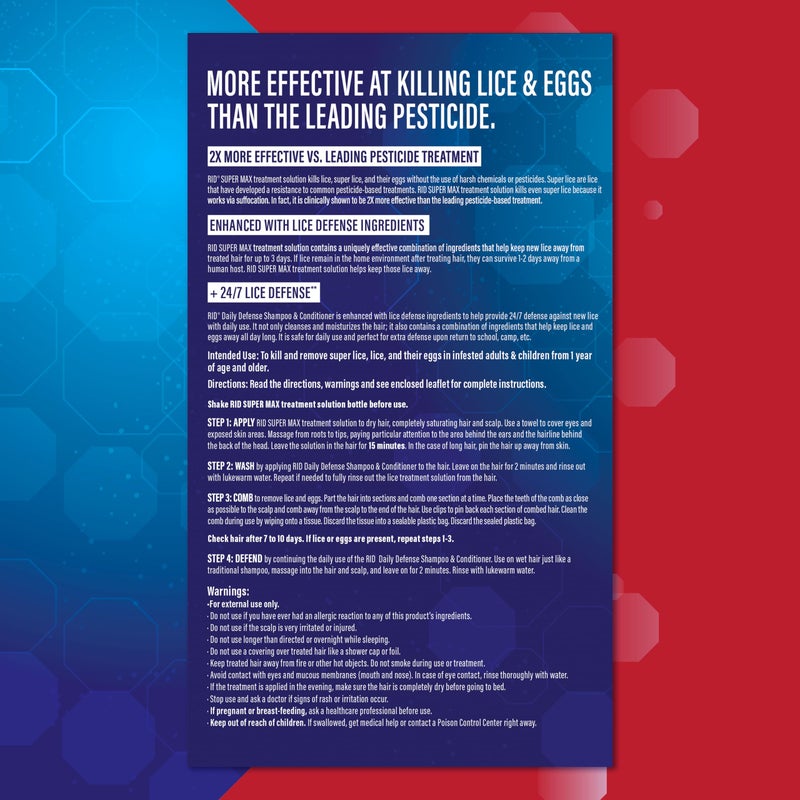 RID طقم علاج القمل RID Super Max، يقتل القمل والقمل الشديد والبيض + دفاع ضد القمل على مدار 24/7، خالي من المبيدات، 3.4 أونصة سائلة من المحلول + 6.8 أونصة سائلة من شامبو وبلسم الدفاع اليومي + مشط إزالة البيض - Image 5