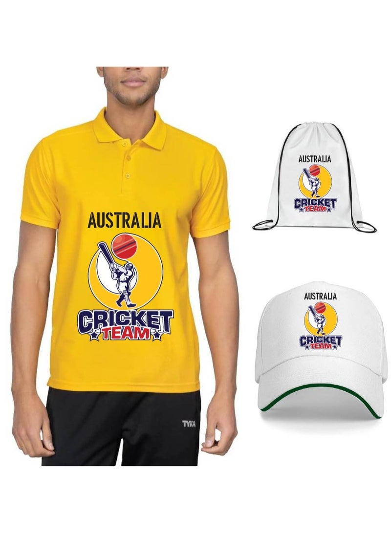 Australia Unisex Sports Yellow Jersey T-Shirt Set - T-Shirt,Drawstring Bag,Cap - T-Shirt,Scarf,Cap - Australia Cricket Fan Jersey T-Shirt - Gift Set for Cricket Lovers and Australian Fans  - Image 1