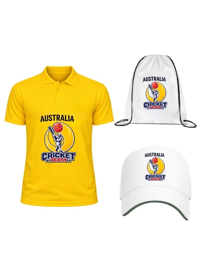 Australia Unisex Sports Yellow Jersey T-Shirt Set - T-Shirt,Drawstring Bag,Cap - T-Shirt,Scarf,Cap - Australia Cricket Fan Jersey T-Shirt - Gift Set for Cricket Lovers and Australian Fans - Image 1