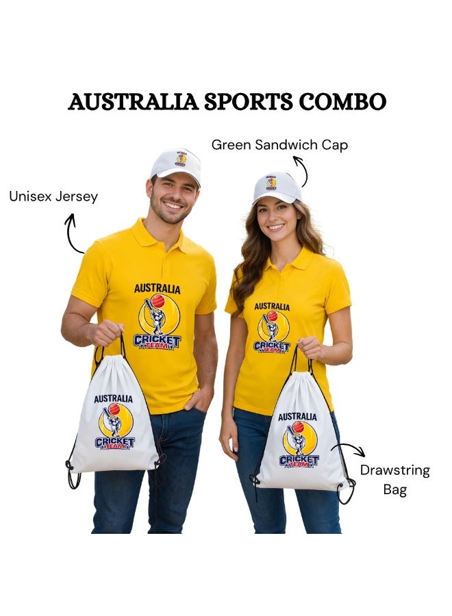 Australia Unisex Sports Yellow Jersey T-Shirt Set - T-Shirt,Drawstring Bag,Cap - T-Shirt,Scarf,Cap - Australia Cricket Fan Jersey T-Shirt - Gift Set for Cricket Lovers and Australian Fans - Image 2