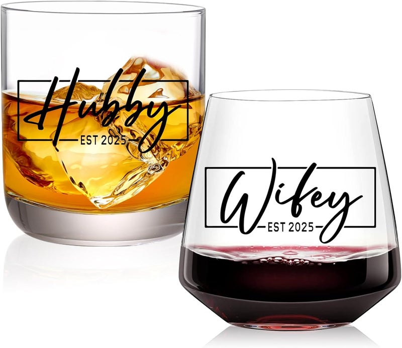 COMFIT Christmas Gifts for Couples 2025,Wedding Gift, Wifey and Hubby Glasses Set,Bridal Shower Gifts for Bride and Groom, Newly-Married Anniversary for Him and Her，Mr and Mrs Gift，His and Hers Glass - Image 1