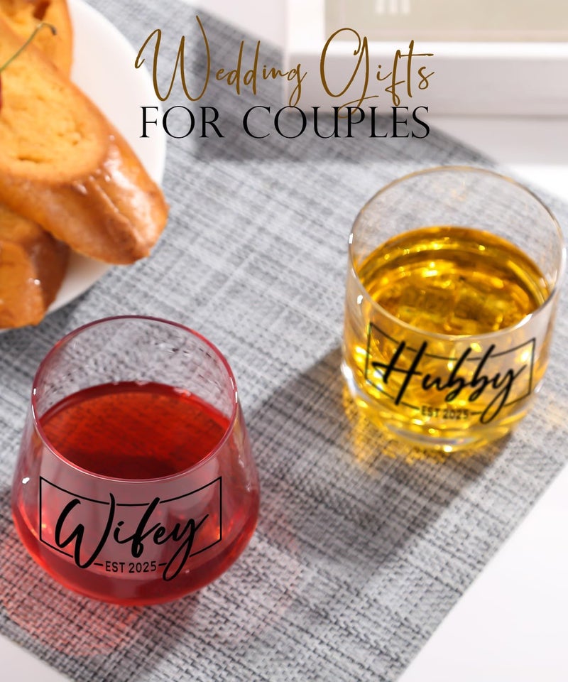 COMFIT Christmas Gifts for Couples 2025,Wedding Gift, Wifey and Hubby Glasses Set,Bridal Shower Gifts for Bride and Groom, Newly-Married Anniversary for Him and Her，Mr and Mrs Gift，His and Hers Glass - Image 3