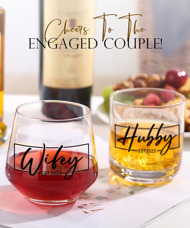 COMFIT Christmas Gifts for Couples 2025,Wedding Gift, Wifey and Hubby Glasses Set,Bridal Shower Gifts for Bride and Groom, Newly-Married Anniversary for Him and Her，Mr and Mrs Gift，His and Hers Glass - Image 2