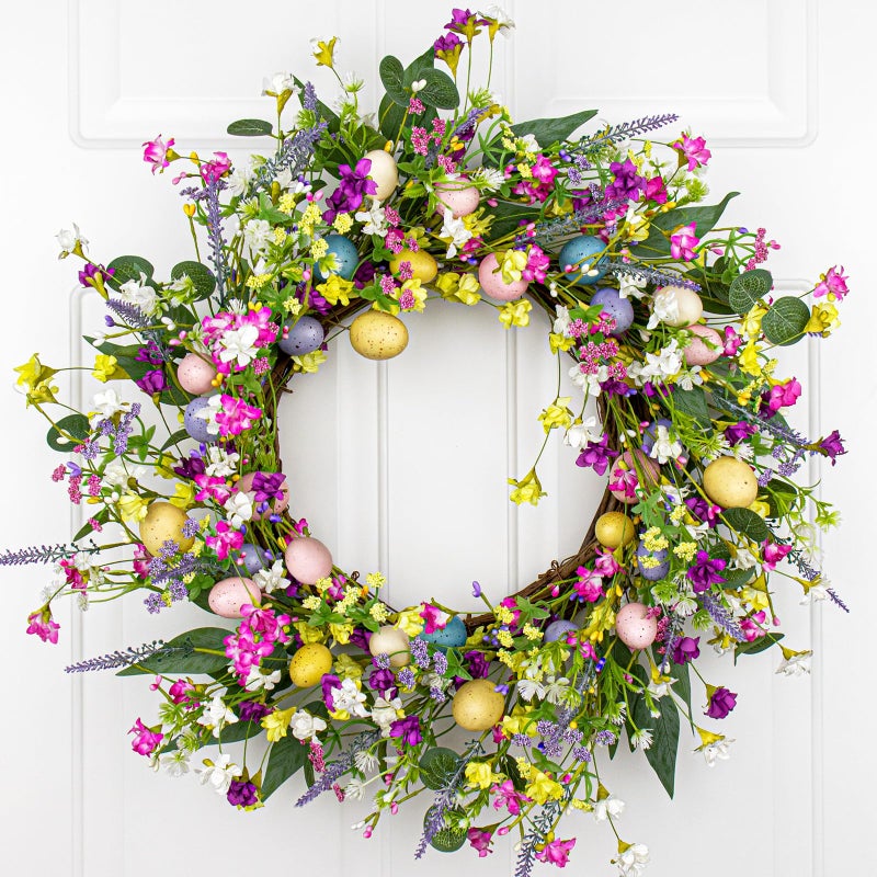 LLZLL 22 inch Easter Wreaths for Front Door Artificial Easter Wreath with 5 Colors Egg for Spring Holiday Indoor Outdoor Porch Wall Window Decor - Image 1
