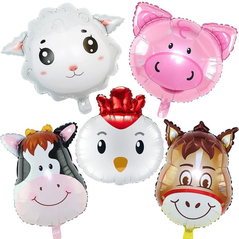 XLENGO 5 PCS Farm Animal Balloons, Cow Donkey Sheep Pig Chicken Foil Mylar Balloon for Baby Shower Farm Birthday Party Decorations Supplies - Image 1