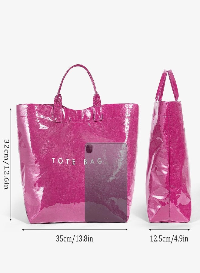 Lushandy PVC Tote Bag Women's Plastic Tote Purse Large Letters Print Hobo Handbag for Work, Beach, Gift, Hot Pink02 - Image 5