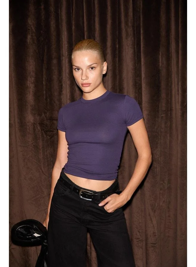 GRIMELANGE HOPEWELL Women's Round Neck Knit Slim Fit Purple T-Shirt.