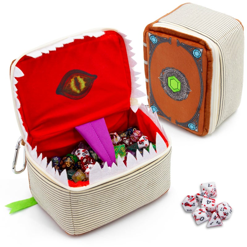 CASEMATIX Mimic Spell Book Case with 7 RPG Dice - 7" Tome Bag with Zipper and Carabiner for 250 Dice, Protective Novelty Holder for Tabletop Gaming - Image 1