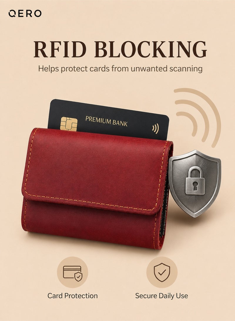 كيورو كويرو محفظة جلد كريزي هورس للرجال والنساء، محفظة قصيرة ثنائية الطي مع حماية RFID، حامل بطاقات ونقود، خمري - Image 5