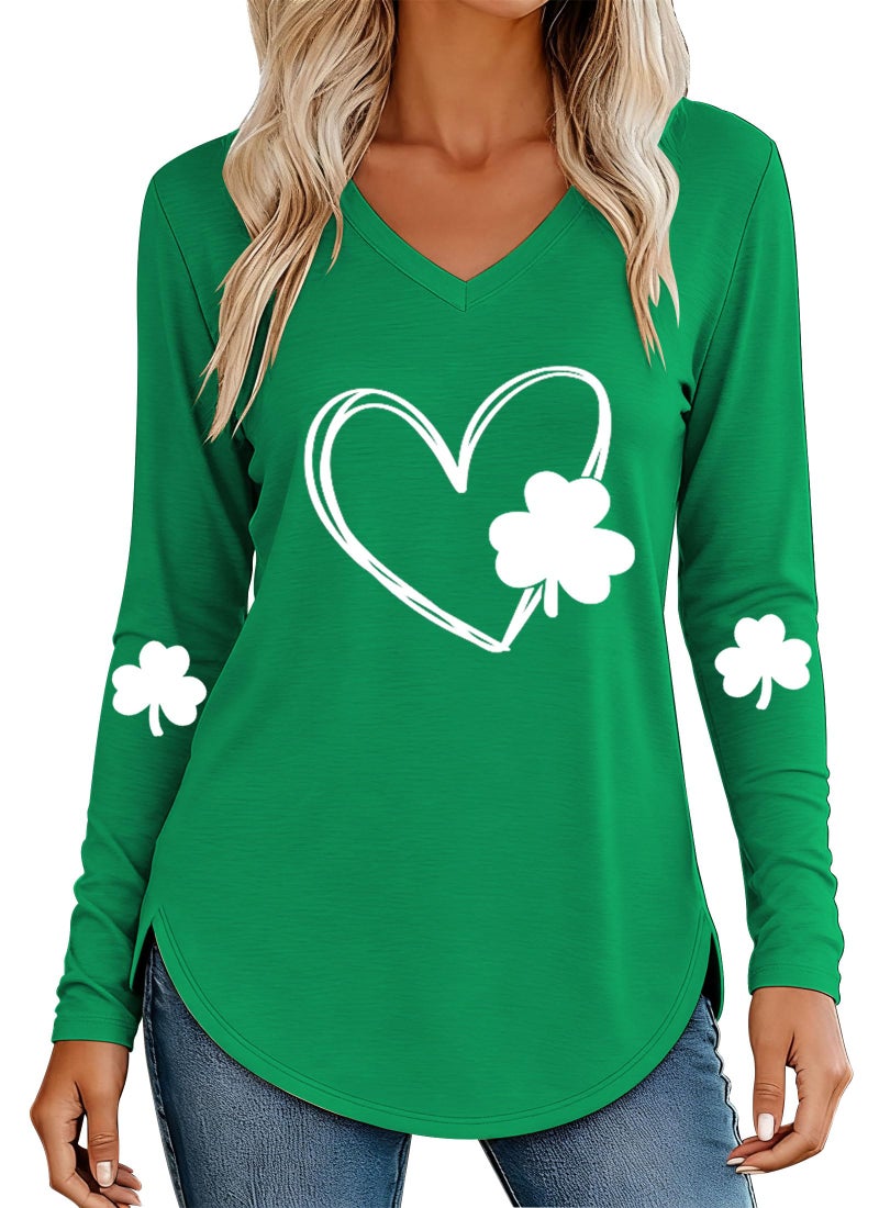 Grezea St Patricks Day Shirt Womenï¼šV Neck Green Shamrock Long Sleeve Shirt Lucky Leaf Clover Shirt - Image 2
