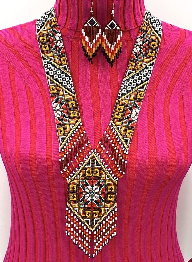 BeadsCorner Native Tribal Style Long Statement Beaded Necklace for Women Handmade (Orange Brown Southwest) - Image 2