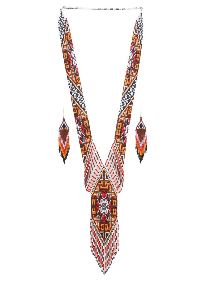 BeadsCorner Native Tribal Style Long Statement Beaded Necklace for Women Handmade (Orange Brown Southwest) - Image 1