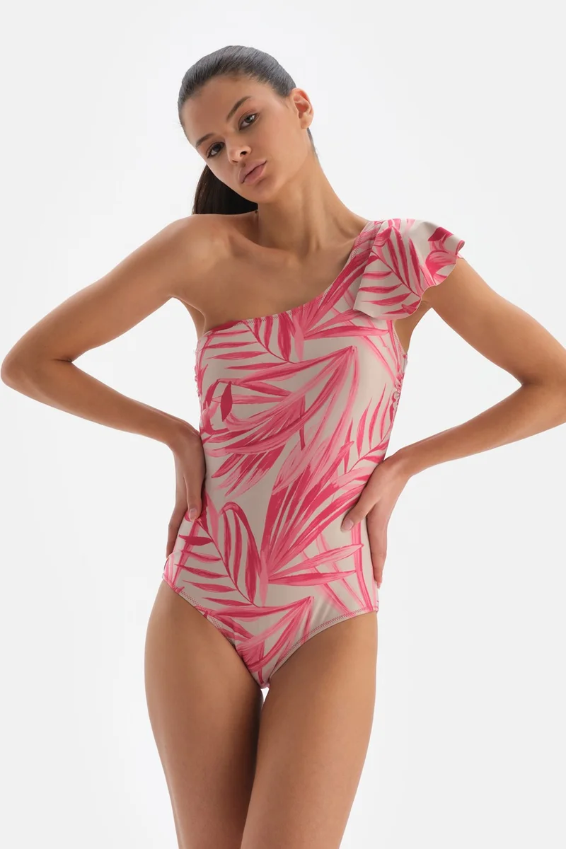 dagi Fuchsia - Gray One Shoulder Flounce Swimsuit