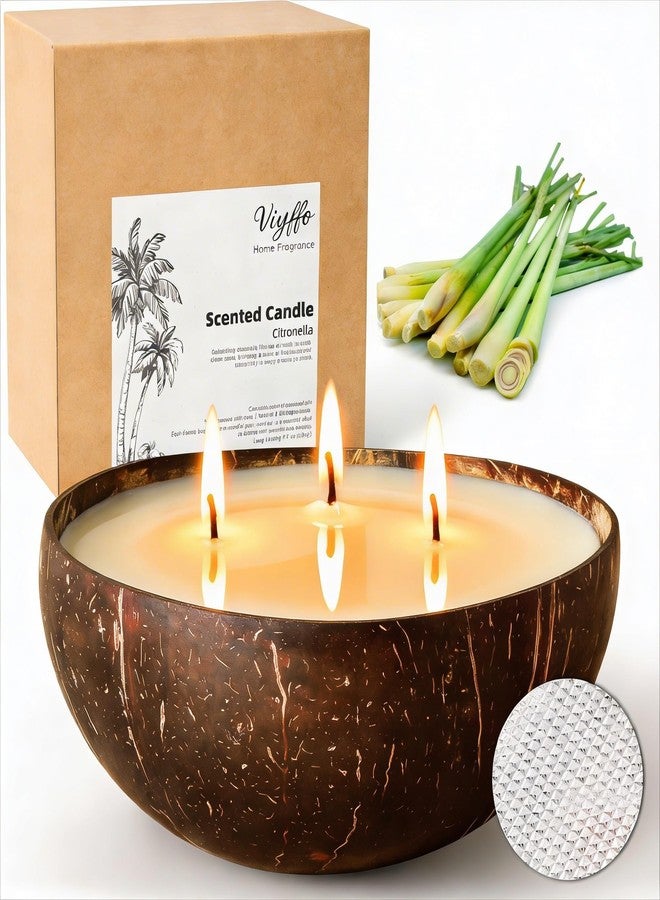 Viyffo Large Citronella Candles Outdoor, 3 Wick 18oz Citronella Candle Indoor, Non Toxic Soy Scented Candle, Natural Coconut Jar for Patio, Deck, Garden, Backyard & Camping, Rustic Home Décor & Gift - Image 1
