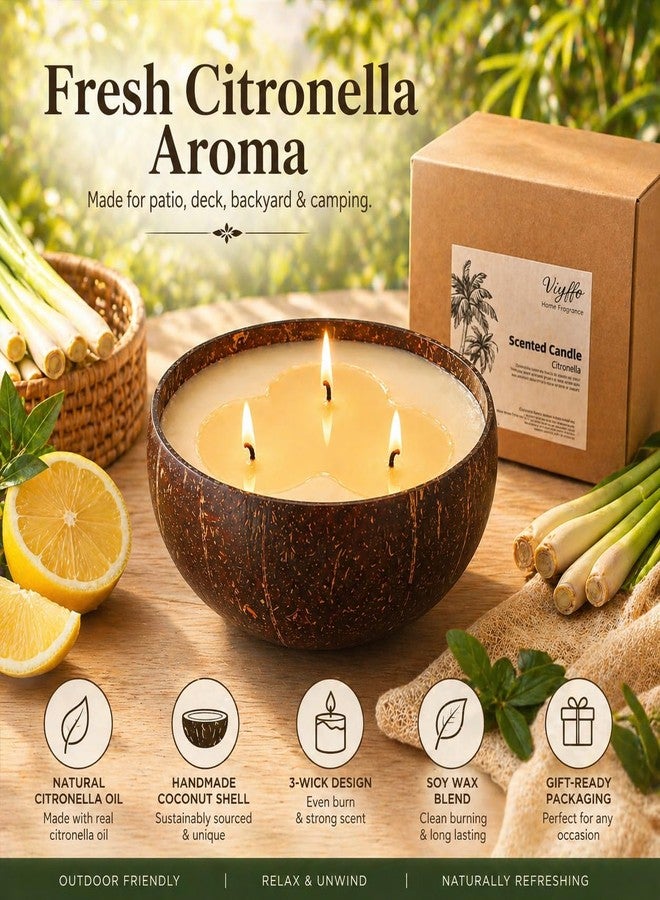 Viyffo Large Citronella Candles Outdoor, 3 Wick 18oz Citronella Candle Indoor, Non Toxic Soy Scented Candle, Natural Coconut Jar for Patio, Deck, Garden, Backyard & Camping, Rustic Home Décor & Gift - Image 3
