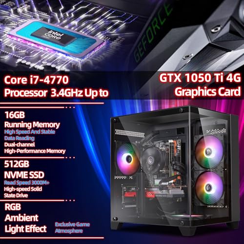 Kroteaup Gaming PC Desktop Computer, Intel Core i7 4th Gen, GTX 1050 Ti 4G, 16GB DDR3 RAM, 512GB SSD, WiFi 6, 5 RGB Fans, Prebuilt Gaming Tower PC with Windows 11 Home - Ready to Play - Image 2