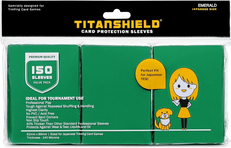 TitanShield (150 Sleeve) Colored Small Japanese Sized Trading Card Sleeves Deck Protector for Yu-Gi-Oh, Cardfight!! Vanguard & More (Emerald) - Image 1