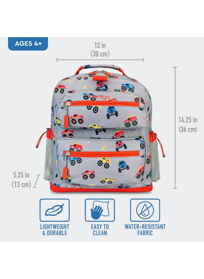 بنتجو حقيبة ظهر Bentgo للأطفال - حقيبة ظهر خفيفة الوزن مقاس 14 بوصة بطبعات مرحة للمدرسة والسفر وحضانات الأطفال، مثالية للأعمار من 4 سنوات فما فوق، ذات مساحة داخلية واسعة، مصنوعة من قماش متين ومقاوم للماء، وحلقة لحمل الغداء (للشاحنات) - Image 3