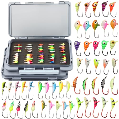 FAISOX Ice Fishing Jigs Kit 100pcs Lures Bait Icefishing Set Crappie Jig Hooks Gear Accessories for Walleye Panfish with Tackle Box Gifts for Men 100pcs ice Fishing jigs with Two Lure Boxes - Image 1