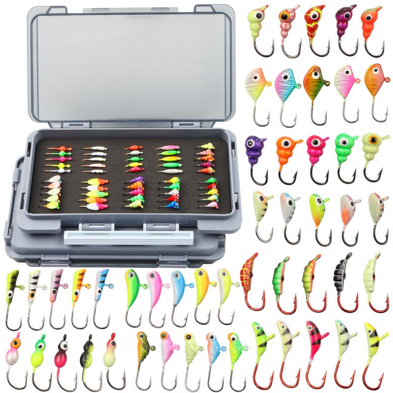 FAISOX Ice Fishing Jigs Kit 100pcs Lures Bait Icefishing Set Crappie Jig Hooks Gear Accessories for Walleye Panfish with Tackle Box Gifts for Men 100pcs ice Fishing jigs with Two Lure Boxes - Image 2