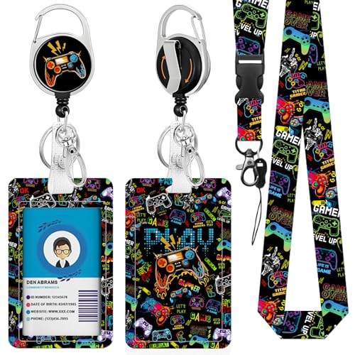 NIWPKDCE Gamepad Badge Holder with Boys Lanyard, Game ID Badge Holder with Retractable Reel Clip and Keychain, Gamer Vertical Identity Card Cover Case Protector for Nurse Lovers - Image 1