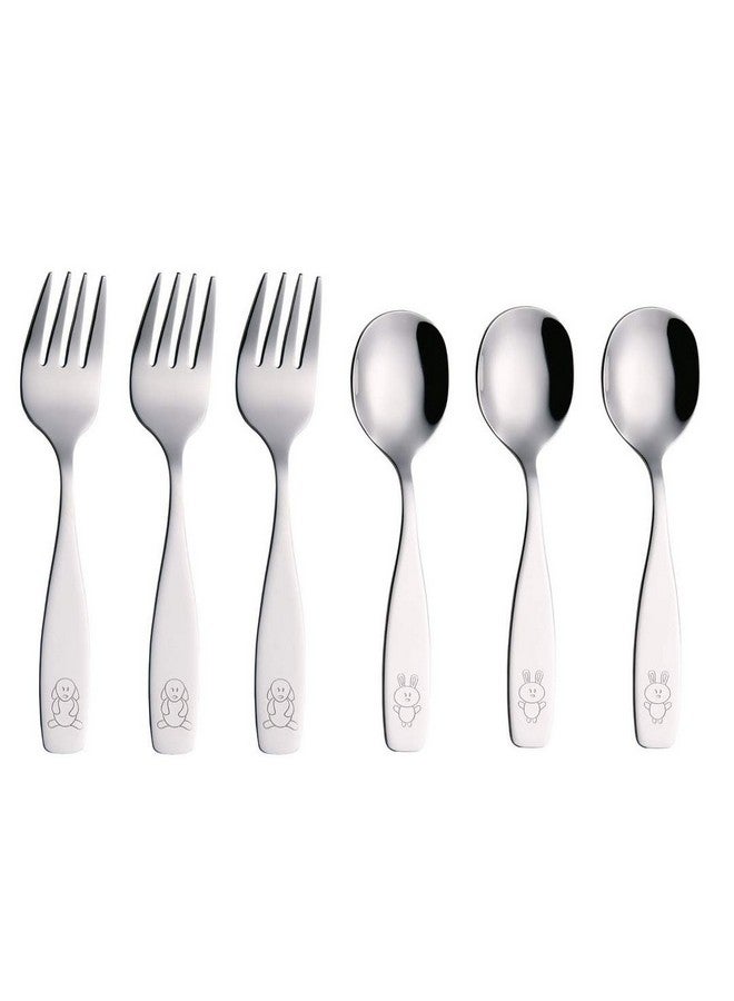 Exzact Annova Kids Silverware 6 Pieces Children'S Safe Flatware Set Stainless Steel 3 X Forks, 3 X Children Dinner Spoons, Toddler Utensils, Metal Cutlery Set For Lunchbox (Engraved Dog Bunny) - Image 1