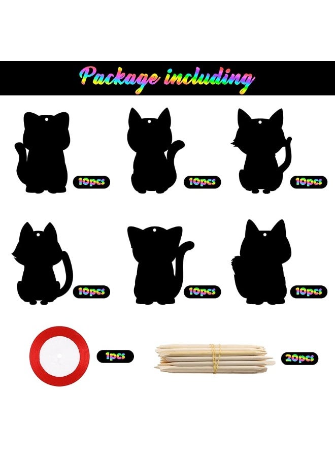 CY2SIDE 60PCS Cat Animal Rainbow Color Scratch Bookmarks for Kids, DIY Cat Rainbow Color Scratch Craft Kit Birthday Party Decors, Catling Pet Magic Art Rainbow Color Craft Kit for Birthday Party Favor - Image 1