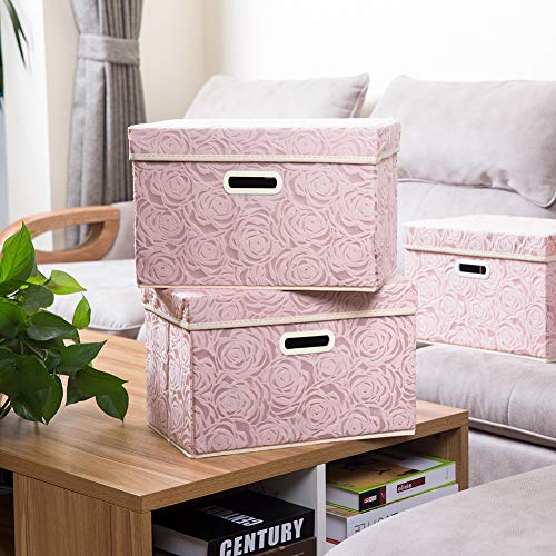 PRANDOM Collapsible Storage Boxes with Lids Fabric Decorative Storage Bins Cubes Organizer Containers Baskets with Cover Handles Divider for Bedroom Closet Living Room 14.9x9.8x9.8 Inch 3 Pack - Image 2