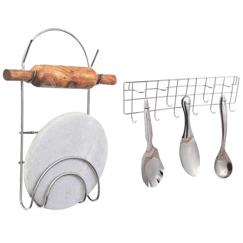 JISUN Stainless Steel Wall Mounted Chakla Belan Stand Wall Mounted Ladle Hook Rail for Kitchen Silver Pack of 2  - Image 1
