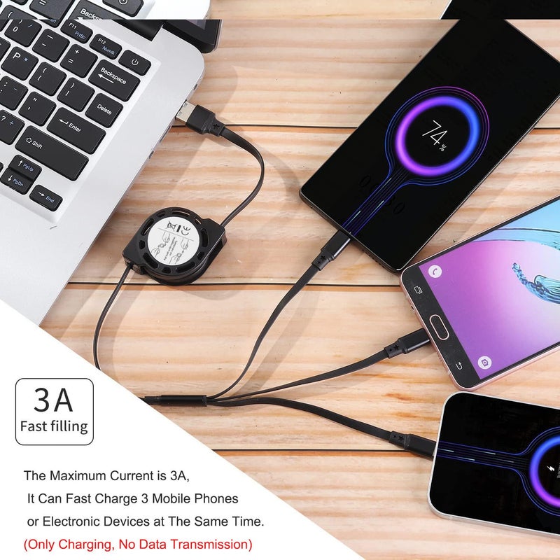 كابل شاحن متعدد [1 متر 3 أمبير 2 قطعة]، كابل USB قابل للسحب سريع الشحن عالمي 3 في 1 مع منفذ iP وMicro USB وType C، مناسب لسامسونج جالاكسي S22 وS20 وS10 وS9، سوني، موتو، LG، هواوي. - Image 3