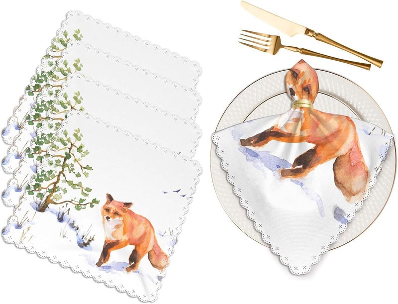 Yibeas Red Fox Cloth Napkins Set of 4 Soft Snow Fir Tree Flying Birds Withered Grass Winter Predation Polyester Dinner Square Napkin for Family Restaurant Weddings Parties 18 x 18 inch - Image 1