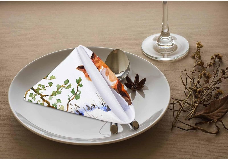 Yibeas Red Fox Cloth Napkins Set of 4 Soft Snow Fir Tree Flying Birds Withered Grass Winter Predation Polyester Dinner Square Napkin for Family Restaurant Weddings Parties 18 x 18 inch - Image 3