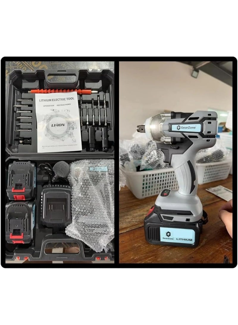 GearZone ترقية مفتاح ربط لاسلكي بدون فرشاة عالي القوة مع بطاريتين، عزم قابل للتعديل مع ملحقات وصندوق أدوات - Image 2