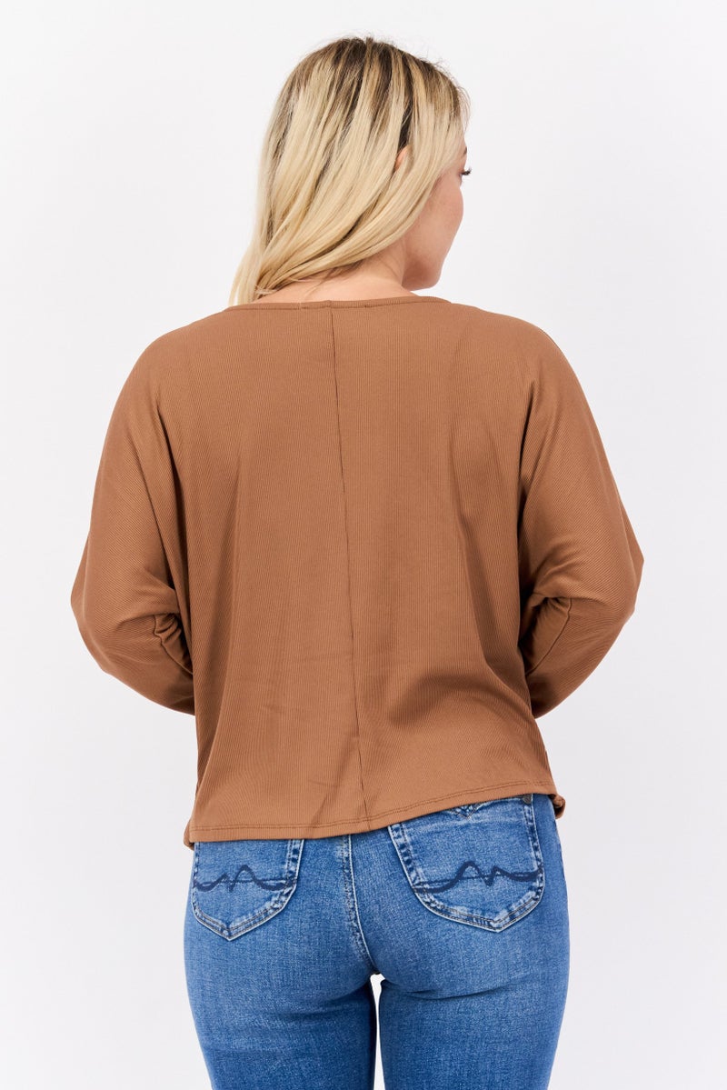DEX Women Surplice Neck Long Sleeve Ribbed Blouse, Rusty Brown  - Image 3
