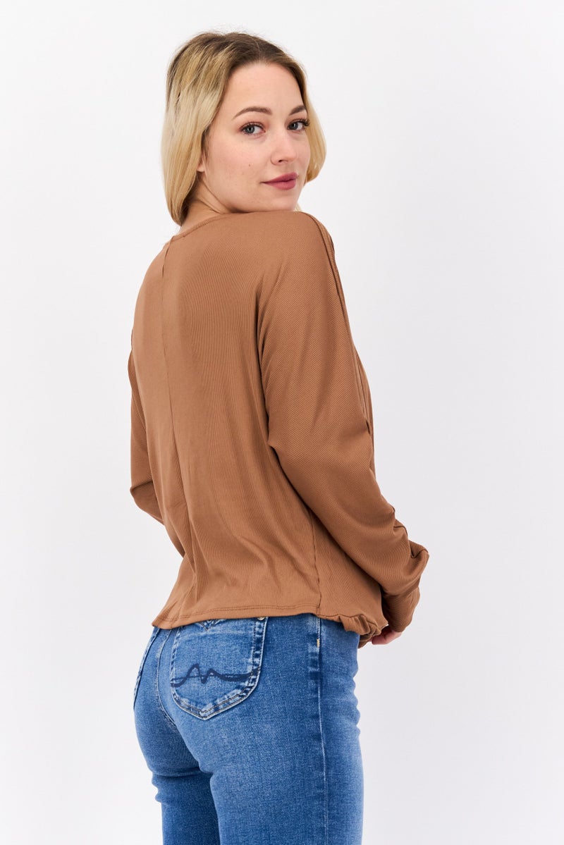 DEX Women Surplice Neck Long Sleeve Ribbed Blouse, Rusty Brown - Image 2