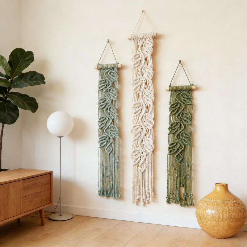 M MANUAL 3 Pcs Macrame Leaf Wall Hanging Bohemian Wall Decor Feathers Wall Art Green Fall Leaf Wall Hanging Boho Headboard Decor Wall Art - Image 4