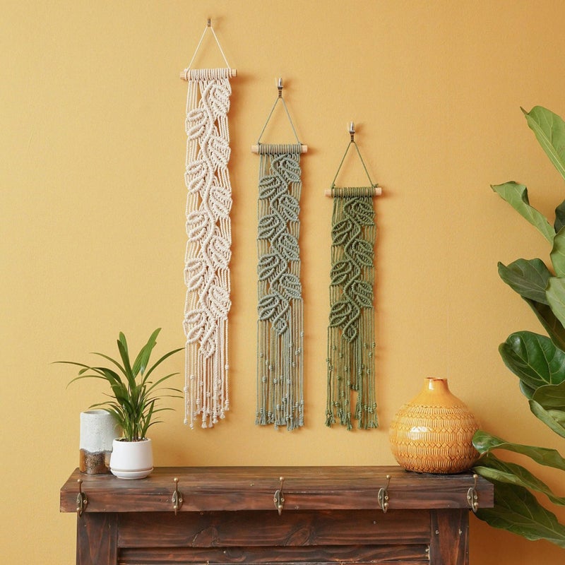M MANUAL 3 Pcs Macrame Leaf Wall Hanging Bohemian Wall Decor Feathers Wall Art Green Fall Leaf Wall Hanging Boho Headboard Decor Wall Art - Image 2