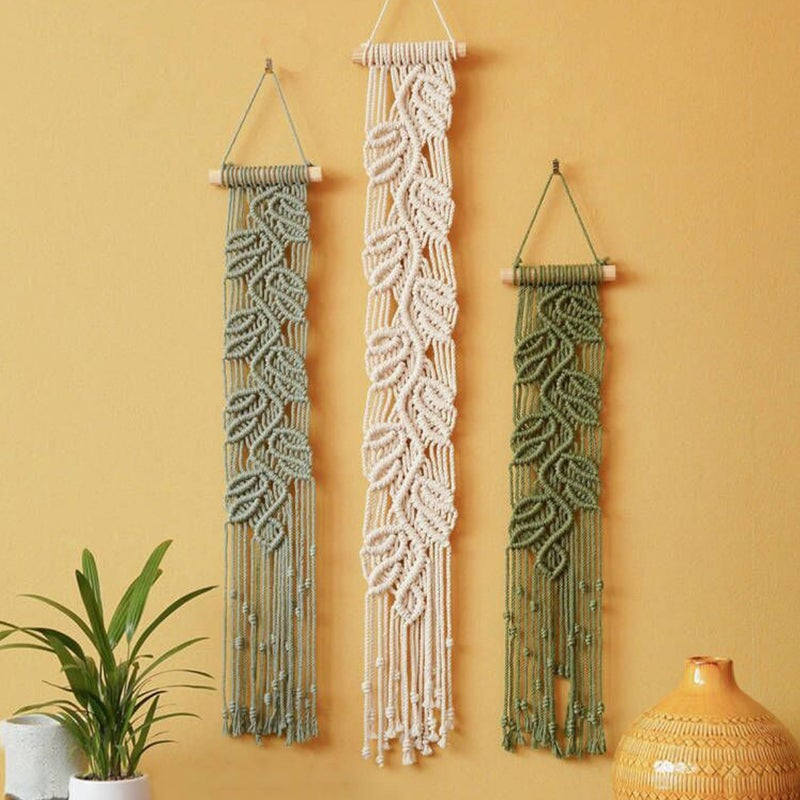 M MANUAL 3 Pcs Macrame Leaf Wall Hanging Bohemian Wall Decor Feathers Wall Art Green Fall Leaf Wall Hanging Boho Headboard Decor Wall Art - Image 1