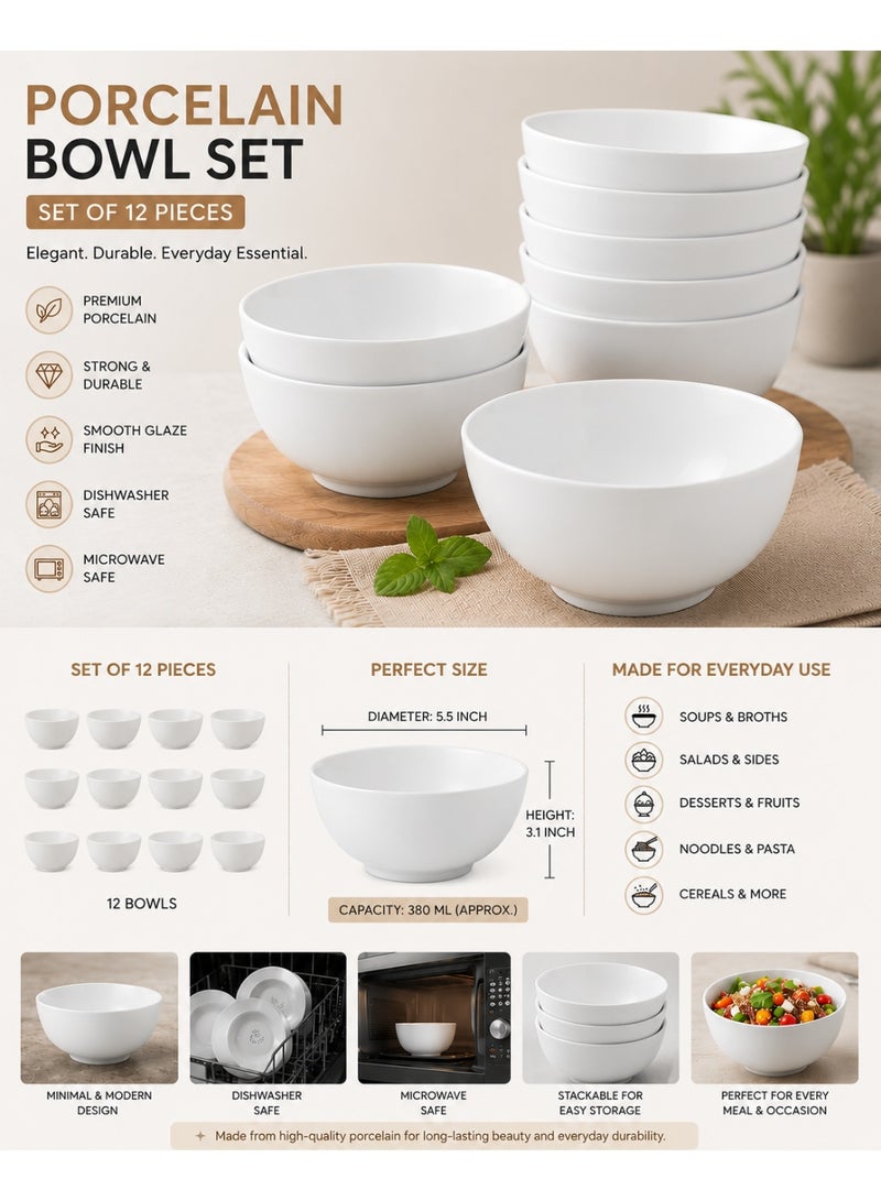 12-Piece White Porcelain Bowl Set 5.5 Inch | Premium Ceramic Serving Bowls | Microwave & Dishwasher Safe | Pasta, Noodles, Salad, Soup & Rice Bowls - Image 1