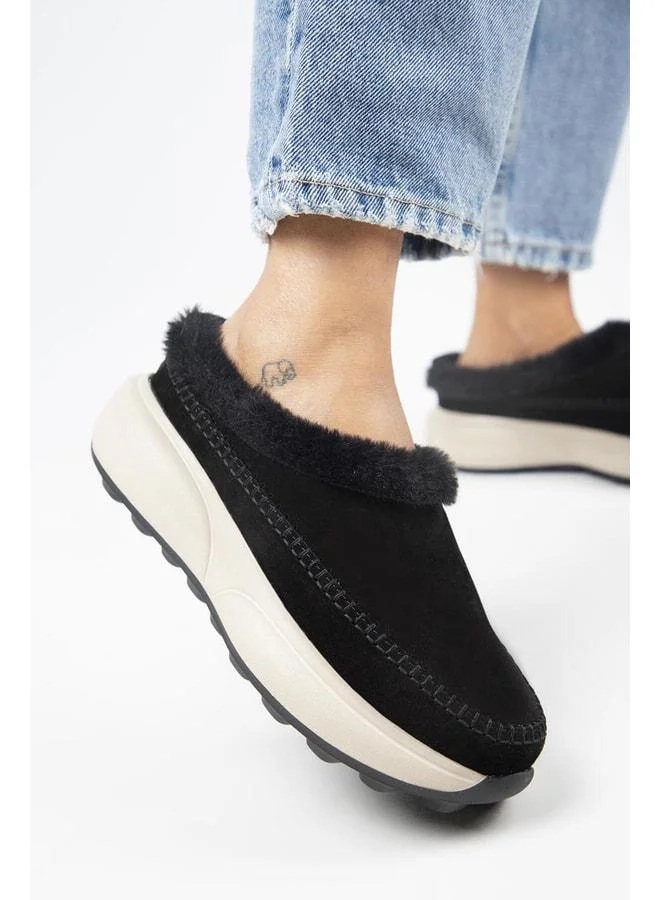 (Adela Kürklü) Women's Genuine Leather Sabo Black Slipper.