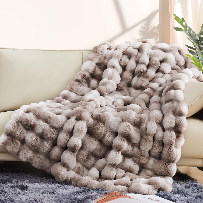 Touchat Luxury 1000GSM Faux Rabbit Fur Throw Blanket, Super Heavy Warm Cozy Brown Blankets for Couch Bed Sofa, Ruched Plush Fuzzy Elegant Soft Reversible Mink Blanket for Living Room Bedroom - Image 3