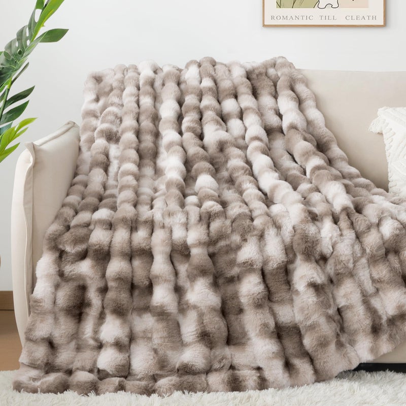 Touchat Luxury 1000GSM Faux Rabbit Fur Throw Blanket, Super Heavy Warm Cozy Brown Blankets for Couch Bed Sofa, Ruched Plush Fuzzy Elegant Soft Reversible Mink Blanket for Living Room Bedroom - Image 5